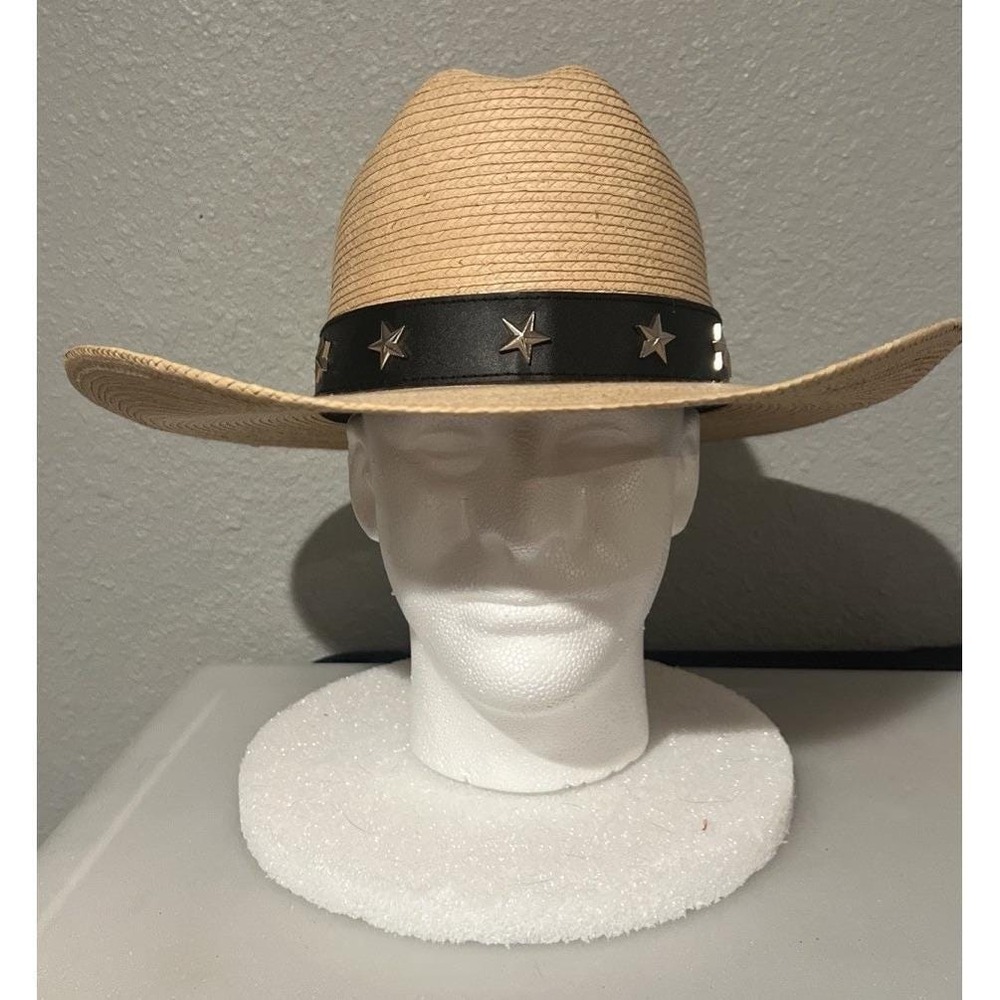 Vintage Larry Mahan Hat Cowboy Mens 7.5 Tan Excellent Made in USA Palm Leaf Star